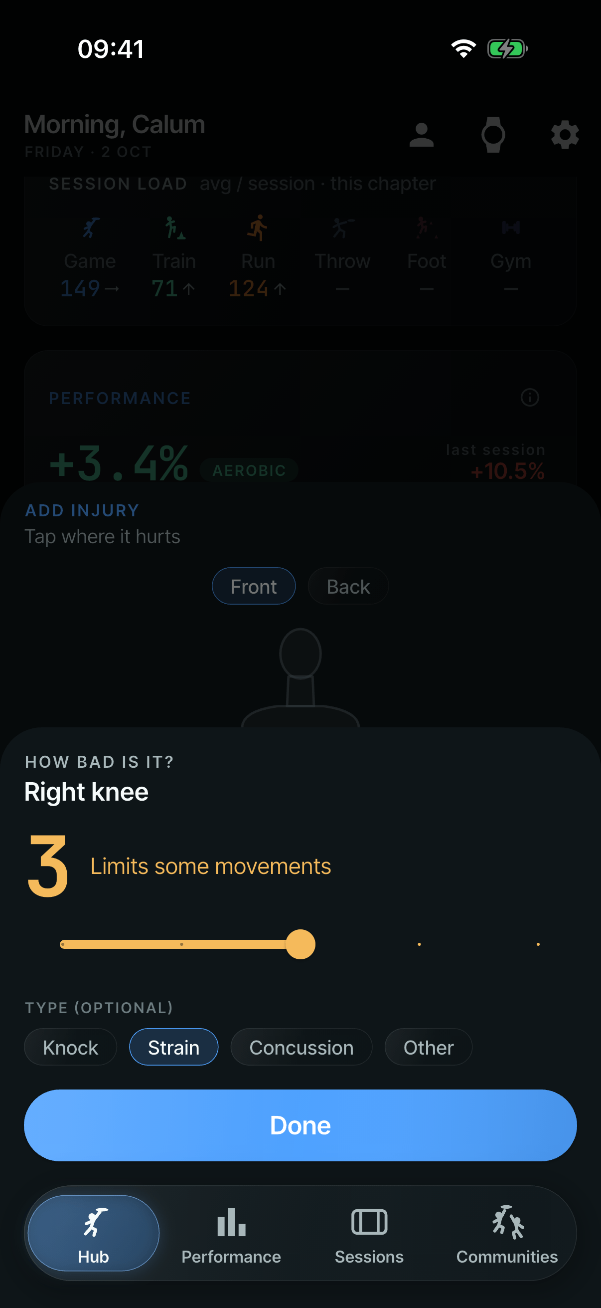 Adding an injury: the right knee rated 3 out of 5, ‘Limits some movements’, with the type set to Strain.