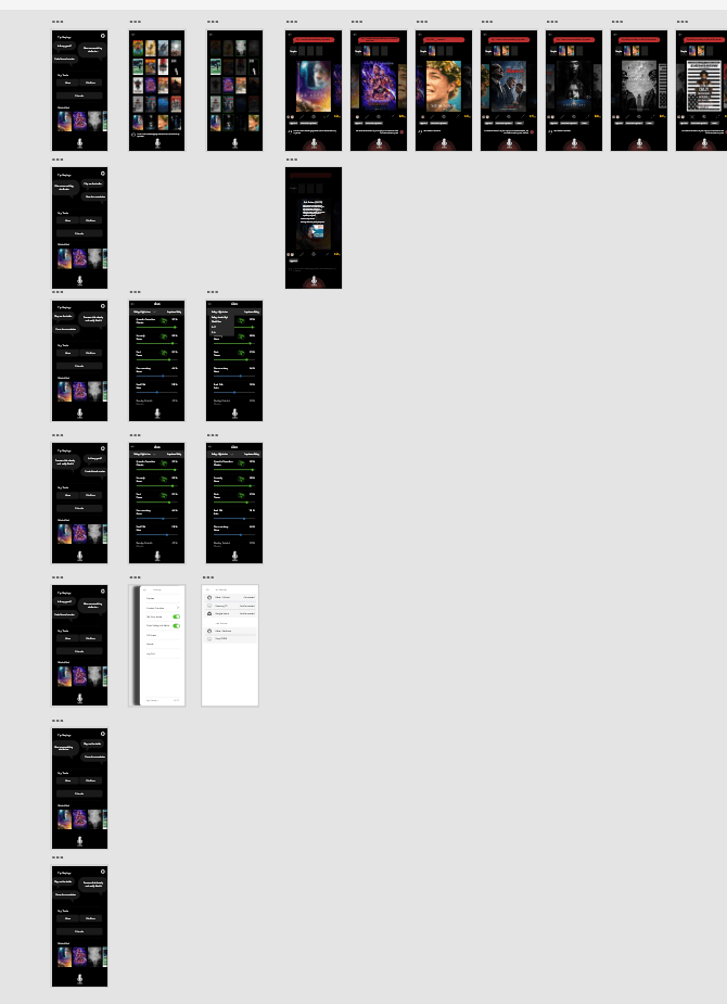 Overview of the Andy app’s artboards: rows of dark phone screens laid out on a grey canvas.