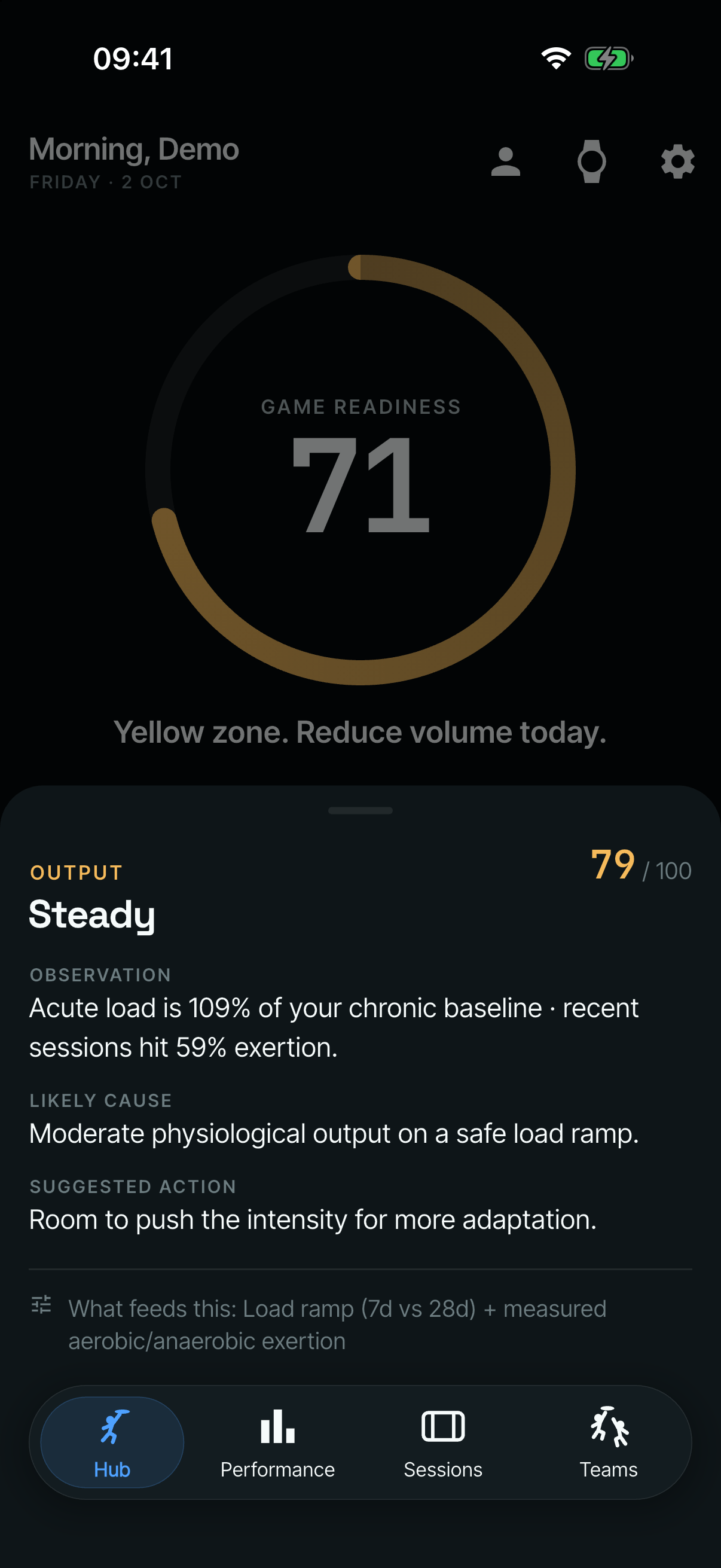 The Output ‘why’ sheet: 79 out of 100, Steady, with an observation about recent load, a likely cause, a suggested action, and what feeds the score.