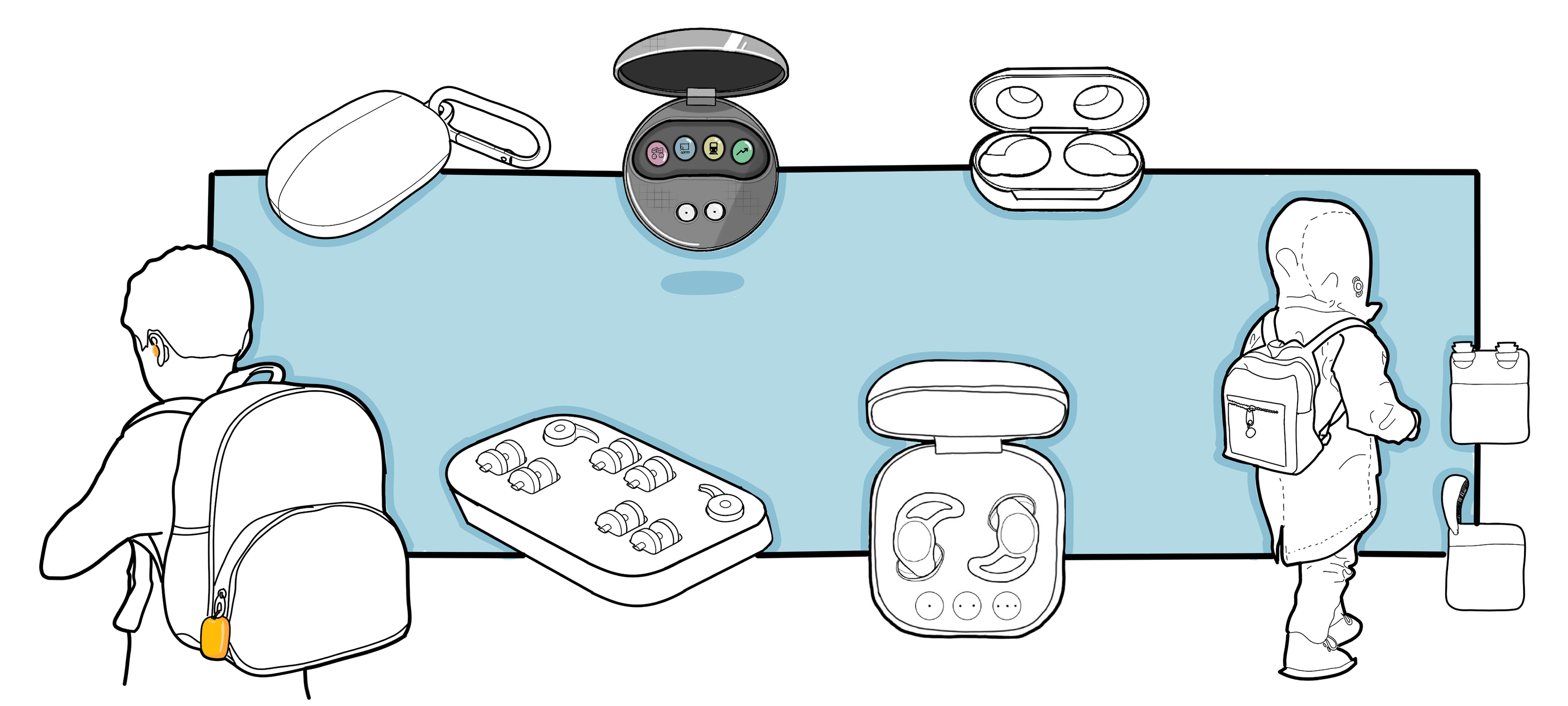 Concept sketches: a round case with coloured filter icons, a case with a clip on a child’s school bag, trays and cases holding interchangeable ear tips, and a case worn as an accessory by a child in a coat.