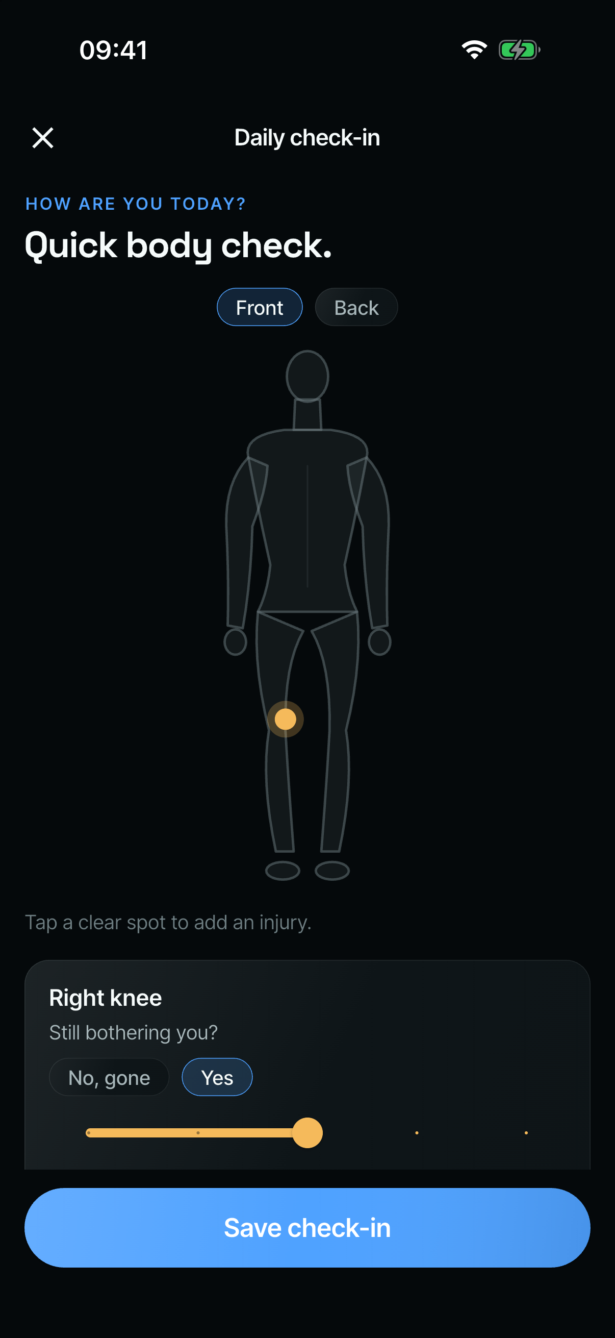 The daily check-in: ‘Quick body check’, with the right knee pinned and the question ‘Still bothering you?’