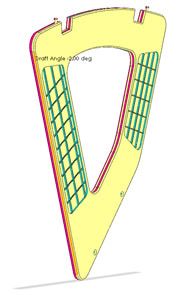 Draft analysis of the rack’s side, with the faces coloured by their draft angle.