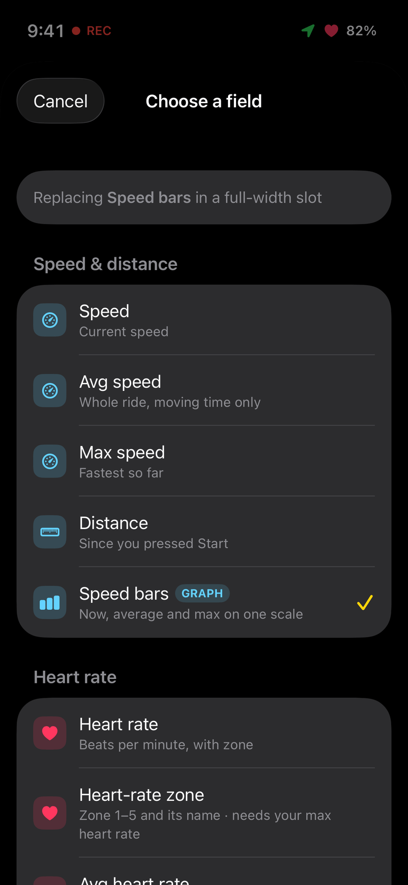 The Choose a field sheet, grouped into Speed and distance, Heart rate and more, with graph fields marked and a note on what each needs.