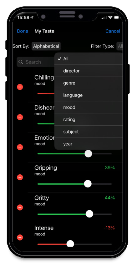 My Taste screen with the Filter Type menu open, listing director, genre, language, mood, rating, subject and year.