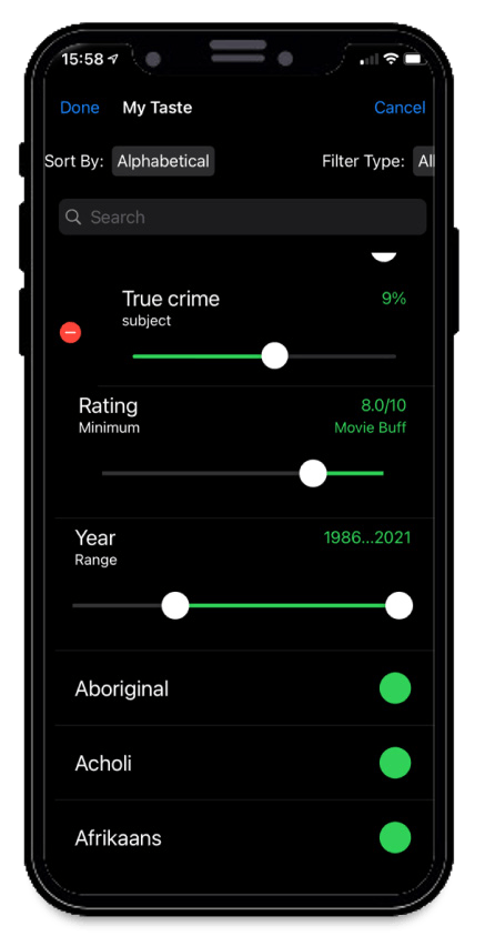 My Taste screen with Rating (minimum 8.0 out of 10) and Year (1986 to 2021) sliders, and language toggles.