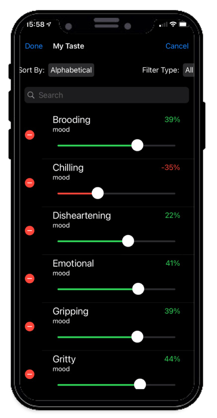 My Taste screen with a search bar and moods such as Brooding, Chilling and Disheartening, each with a slider and a percentage.