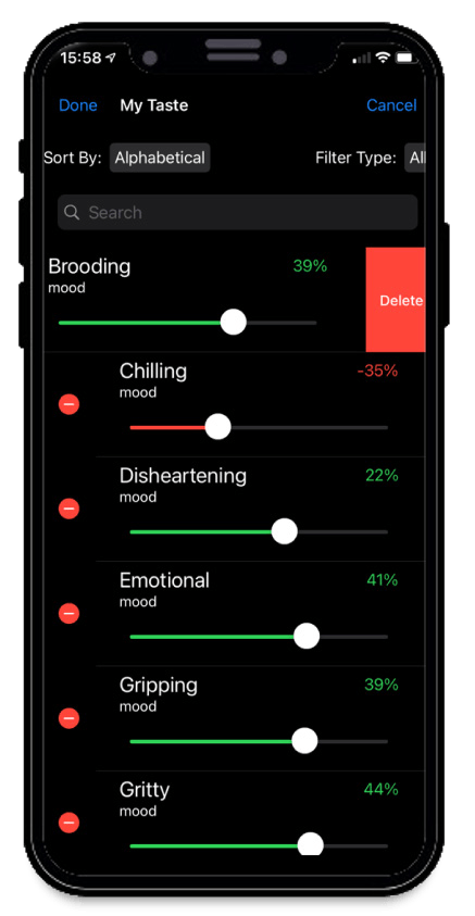 My Taste screen with the “Brooding” taste slid left to reveal a red Delete button.