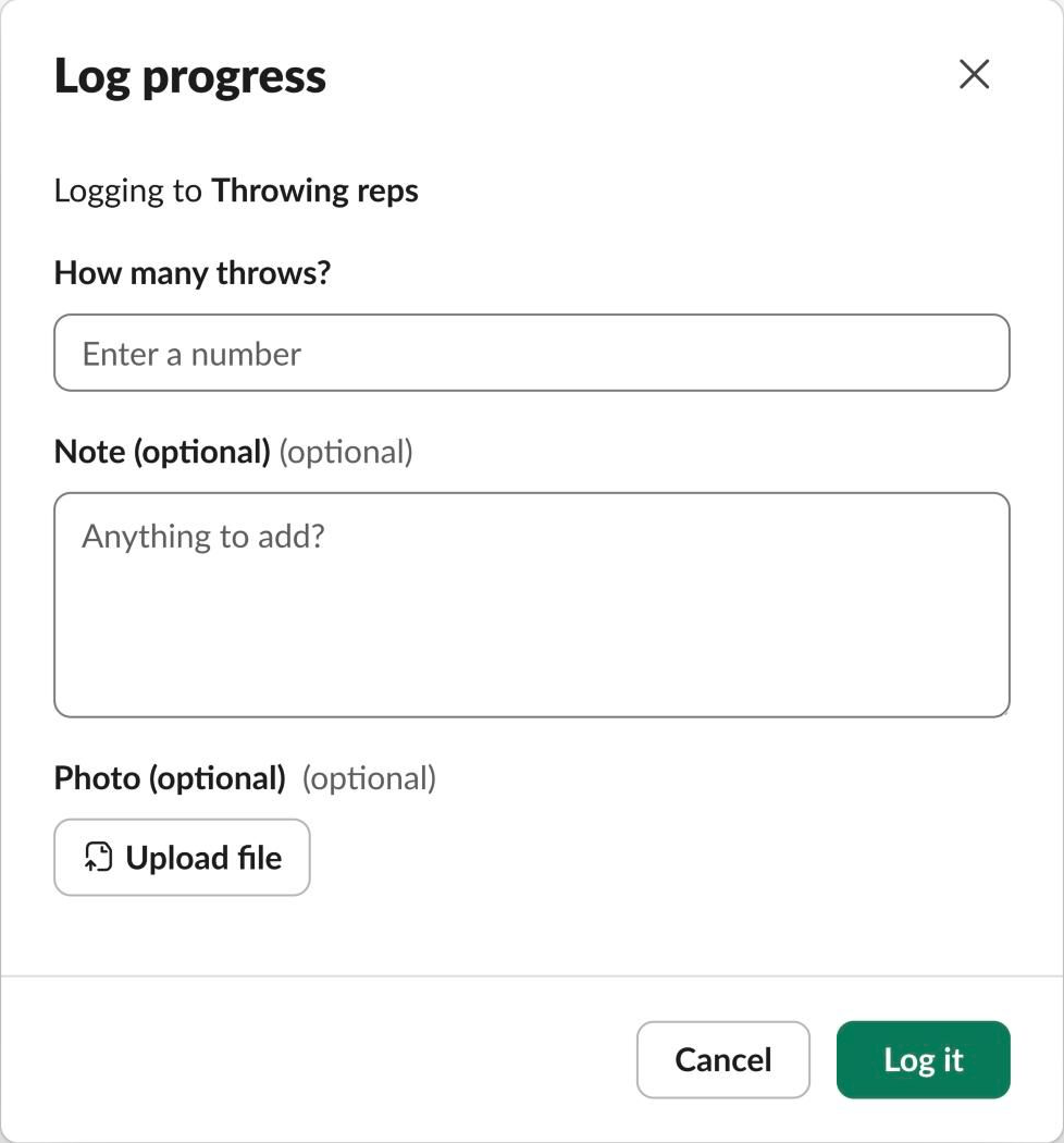 The Log progress form for Throwing reps: How many throws?, an optional note and an optional photo upload, with Cancel and Log it buttons.