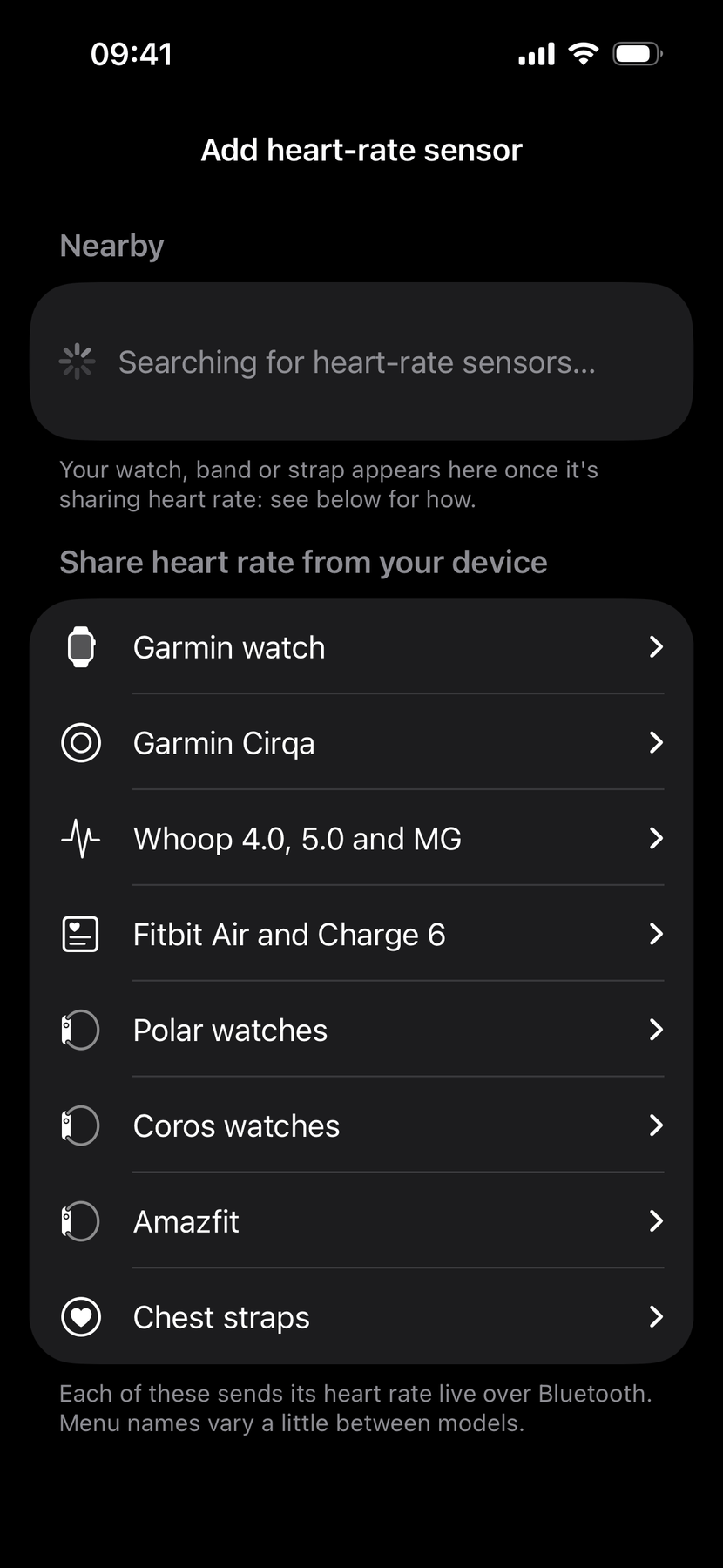 The Add heart-rate sensor screen, searching for nearby devices, with a list of how to share heart rate from a Garmin watch, Garmin Cirqa, Whoop, Fitbit Air and Charge 6, Polar, Coros, Amazfit and chest straps.