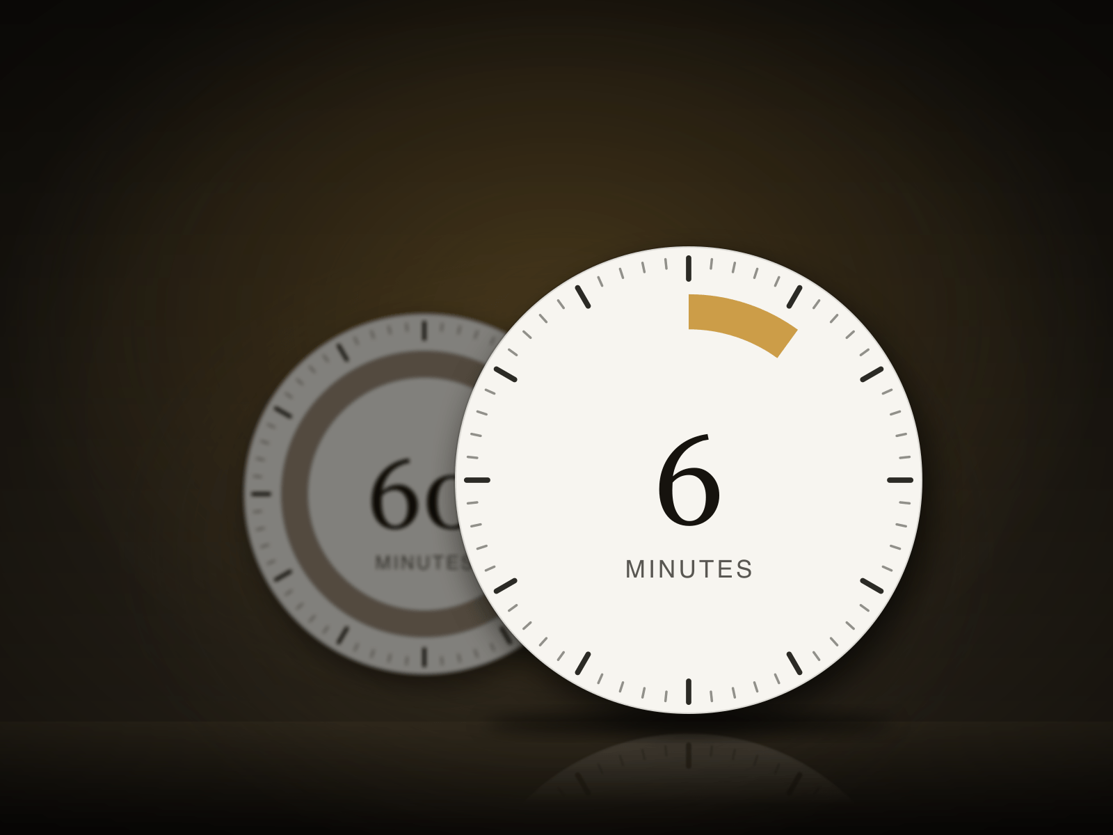 Two clock faces on a warm dark floor. In front, a crisp white clock reads “6 minutes”, with a short ochre arc from twelve o’clock marking six minutes. Behind it, dim and out of focus, a clock reads “60 minutes”, its ring filled all the way round.