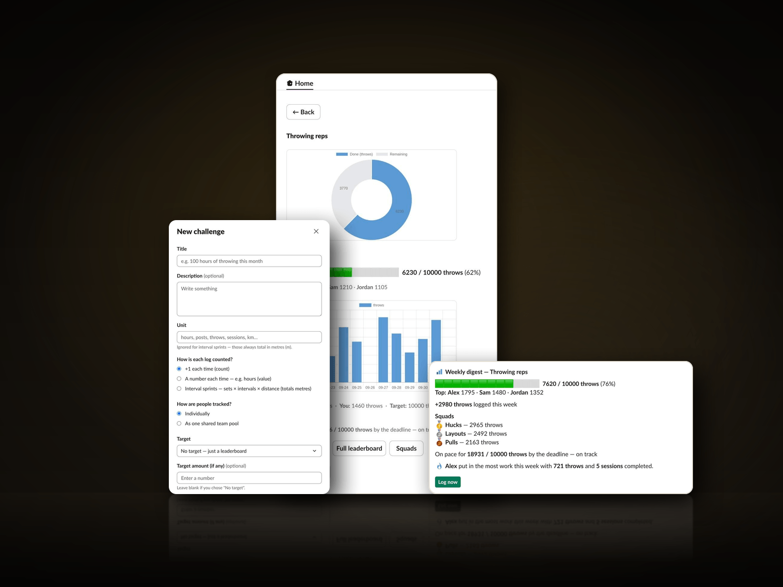 Three of the Lagh Leaderboards bot’s Slack screens standing on a dark floor: the New challenge form, one challenge in the Home tab with its charts, and the Friday digest with its squad board.