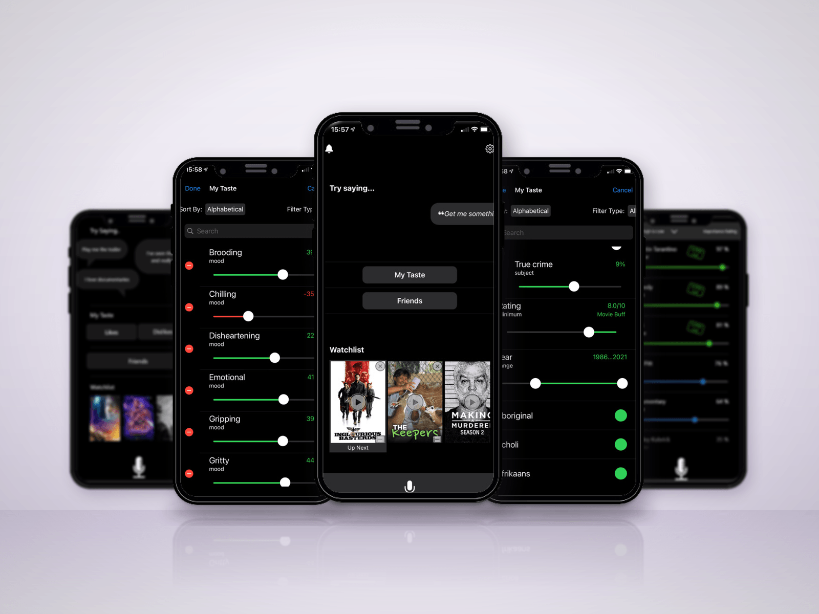 Five phones running the Andy app, standing on a pale lilac floor: the home screen, with “Try saying…” and a watchlist, in front; the My Taste moods and the filters either side; and two softly blurred wireframes behind.