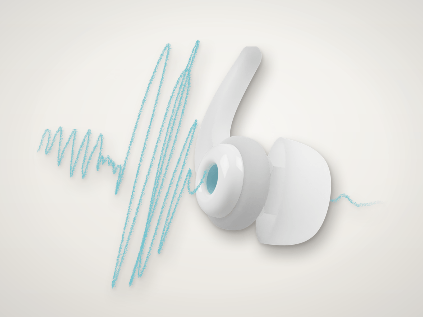 The white Phonics earbud, with a jagged blue sound wave coming in on the left and a calm one leaving on the right, on an off-white background.