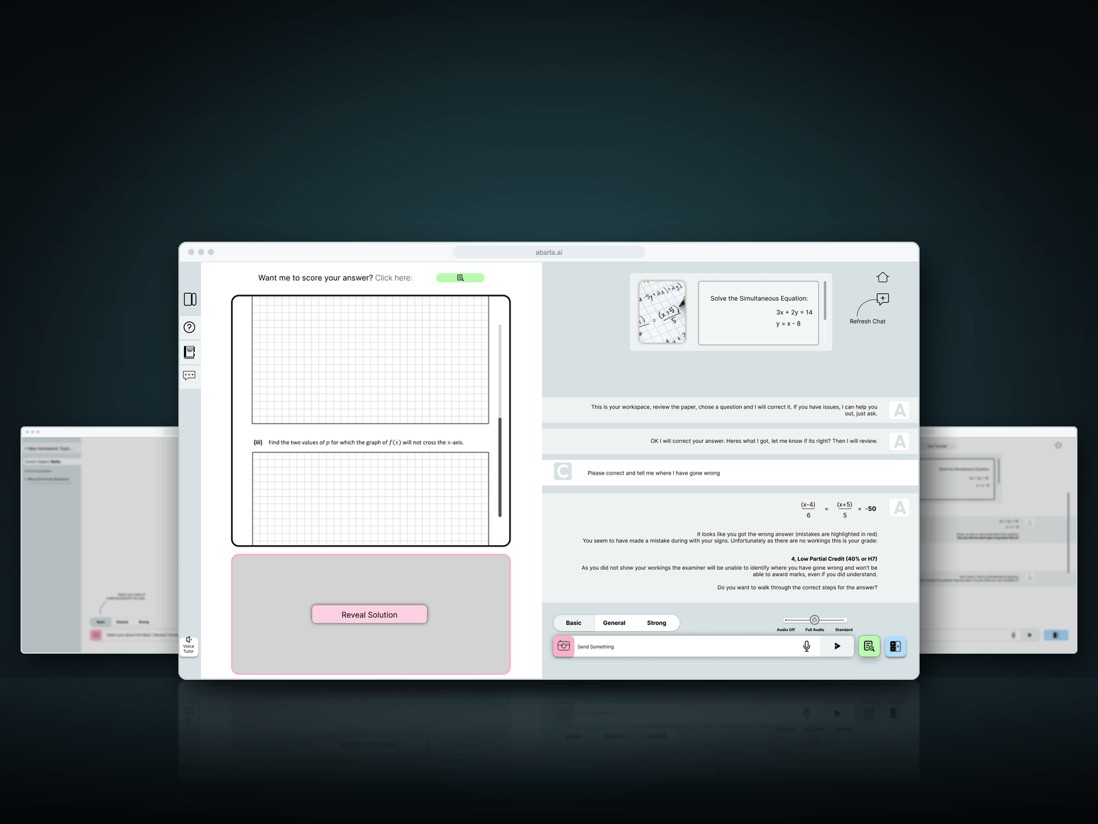 Abarta’s Past Paper Helper in a browser window on a dark slate floor: an exam question with space for the answer on the left, and the AI tutor marking the student’s answer on the right. Two homework screens stand softly out of focus behind it.