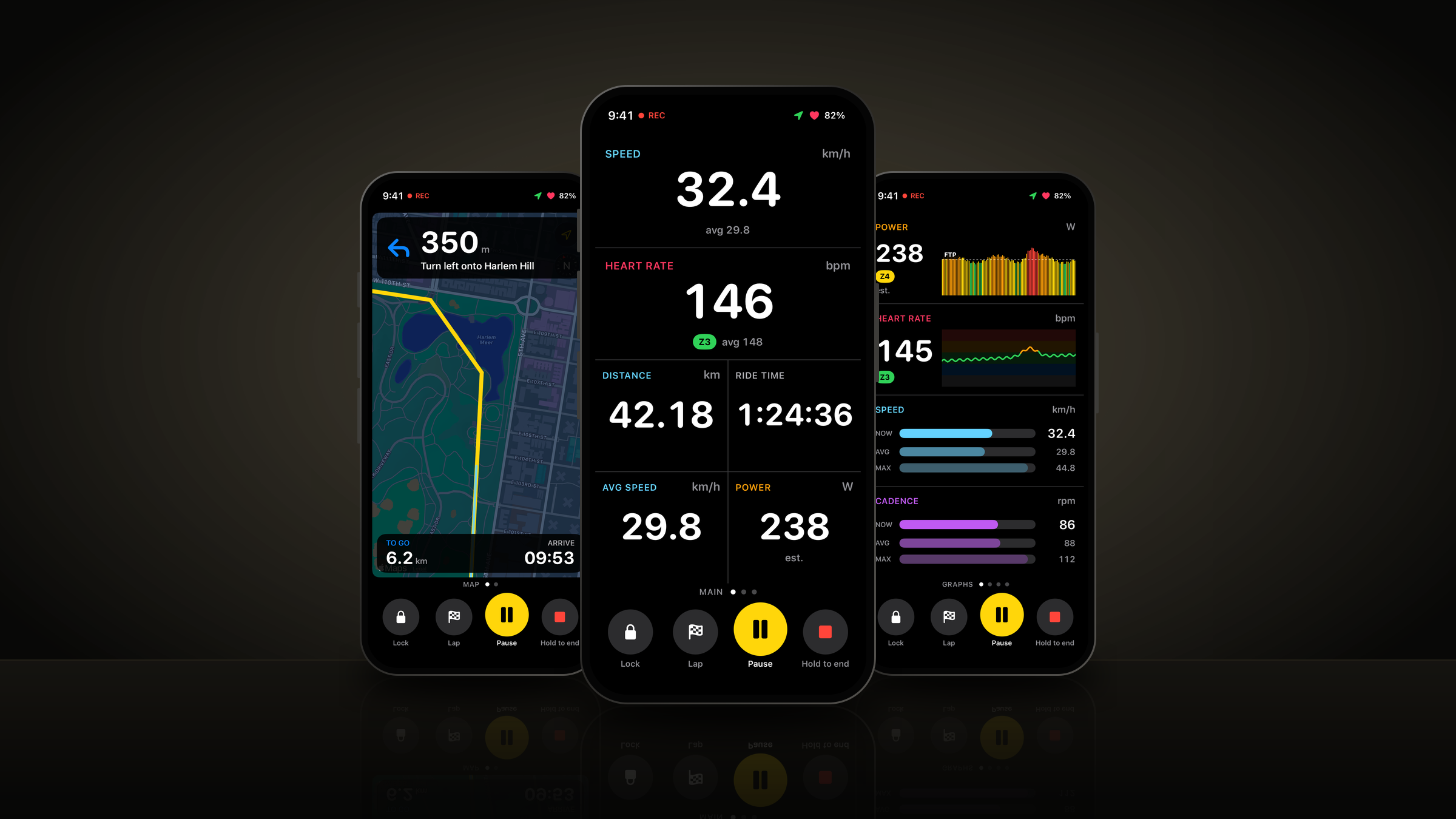 Three iPhones running BikeComp on a dark background. In front, the main ride page: speed 32.4 km/h, heart rate 146 in zone 3, distance 42.18 km, ride time 1:24:36, average speed 29.8 and power 238 marked est., with Lock, Lap, Pause and Hold to end buttons. Behind it, the Map page with a left turn in 350 m onto Harlem Hill, and a page of graphs for power, heart rate, speed and cadence.
