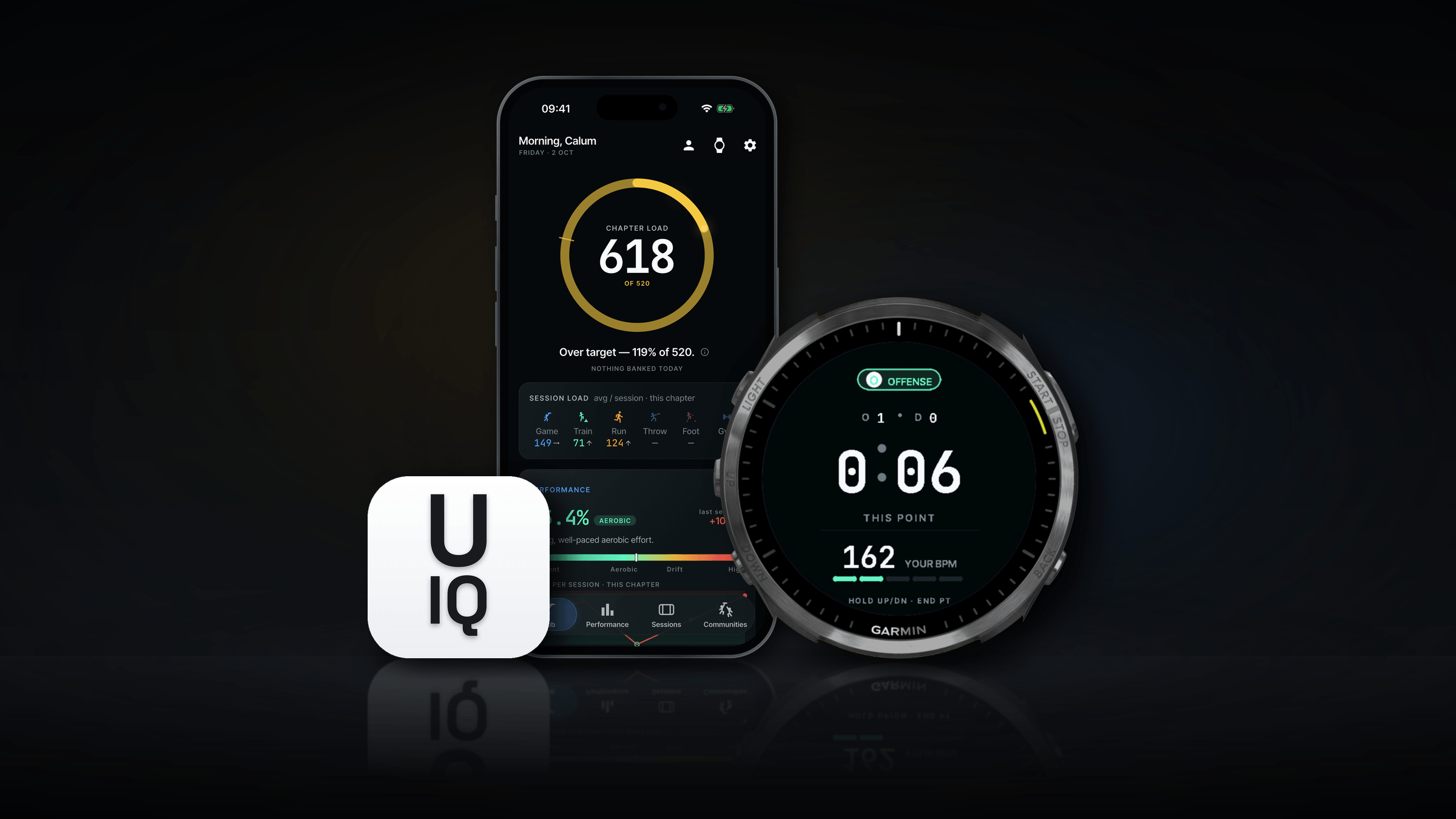Ultimate IQ’s app icon, its phone app and its Garmin watch app on a dark background. The phone shows the Hub, with the chapter load ring in gold at 618 of a 520 target; the watch shows a live offence point at 0:06, with a heart rate of 162.