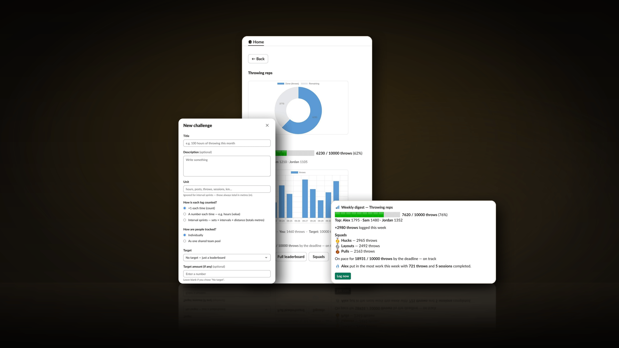 Three of the Lagh Leaderboards bot’s Slack screens standing on a dark floor: the New challenge form, one challenge in the Home tab with its charts, and the Friday digest with its squad board.