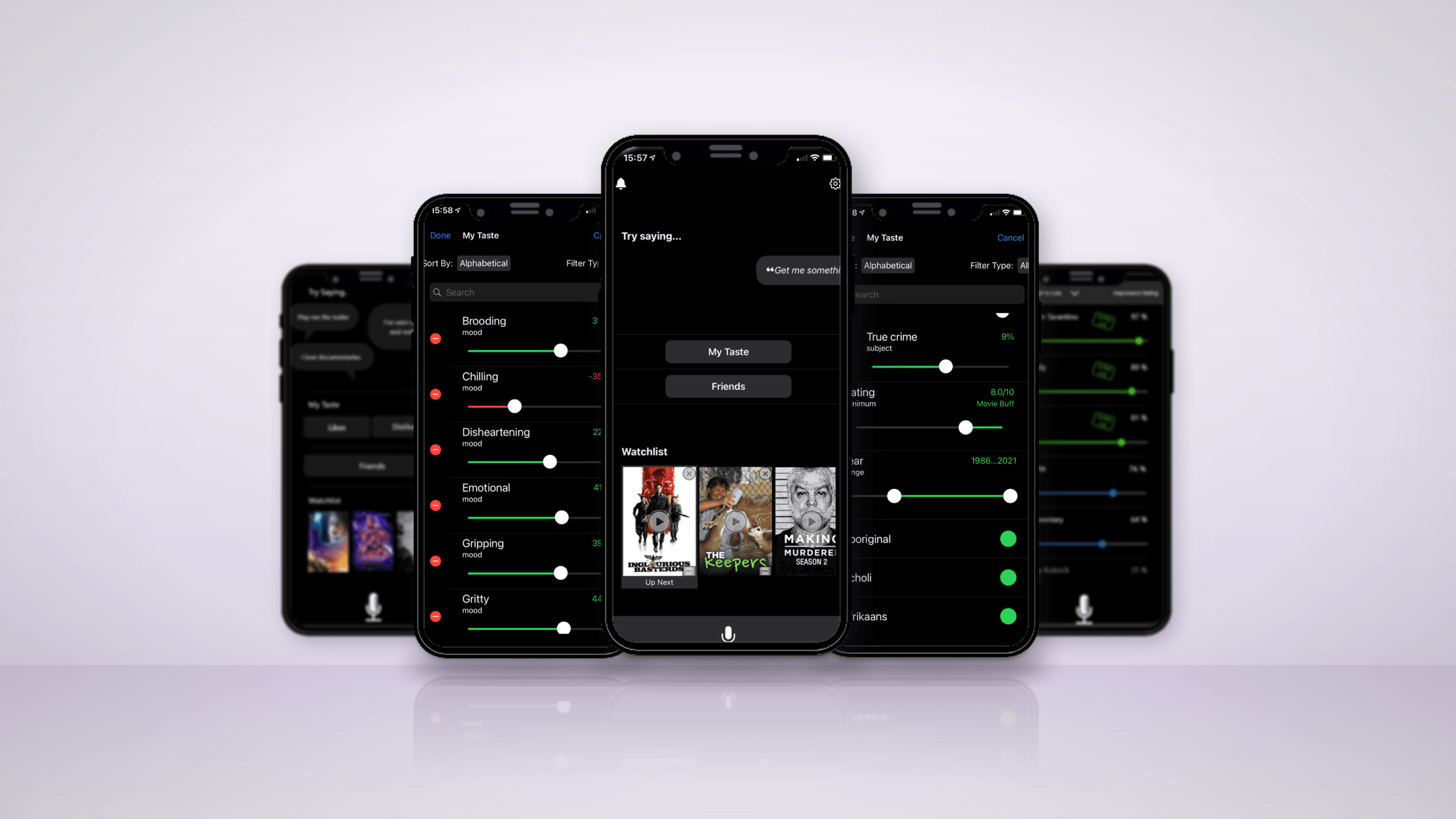Five phones running the Andy app, standing on a pale lilac floor: the home screen, with “Try saying…” and a watchlist, in front; the My Taste moods and the filters either side; and two softly blurred wireframes behind.