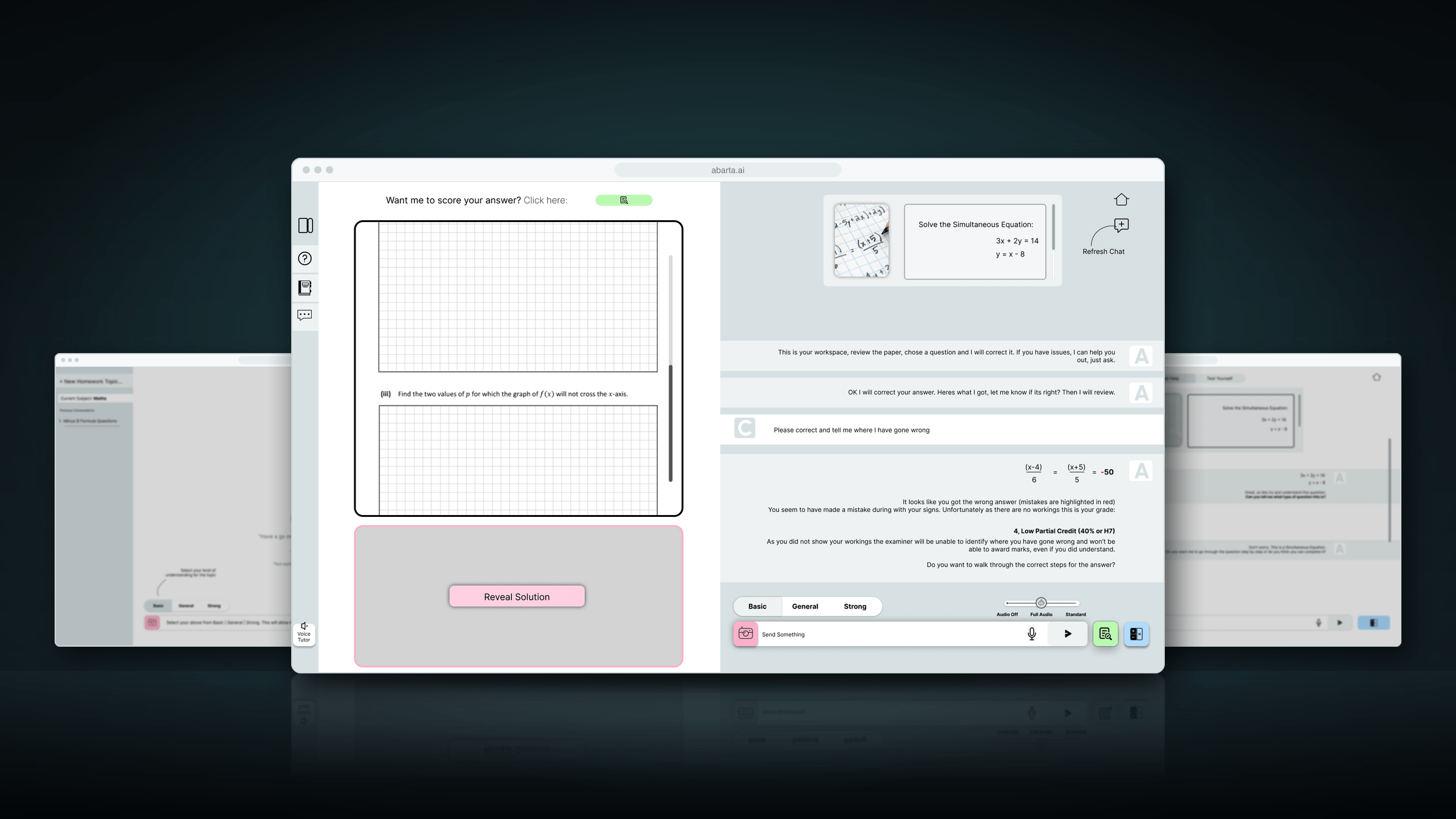 Abarta’s Past Paper Helper in a browser window on a dark slate floor: an exam question with space for the answer on the left, and the AI tutor marking the student’s answer on the right. Two homework screens stand softly out of focus behind it.