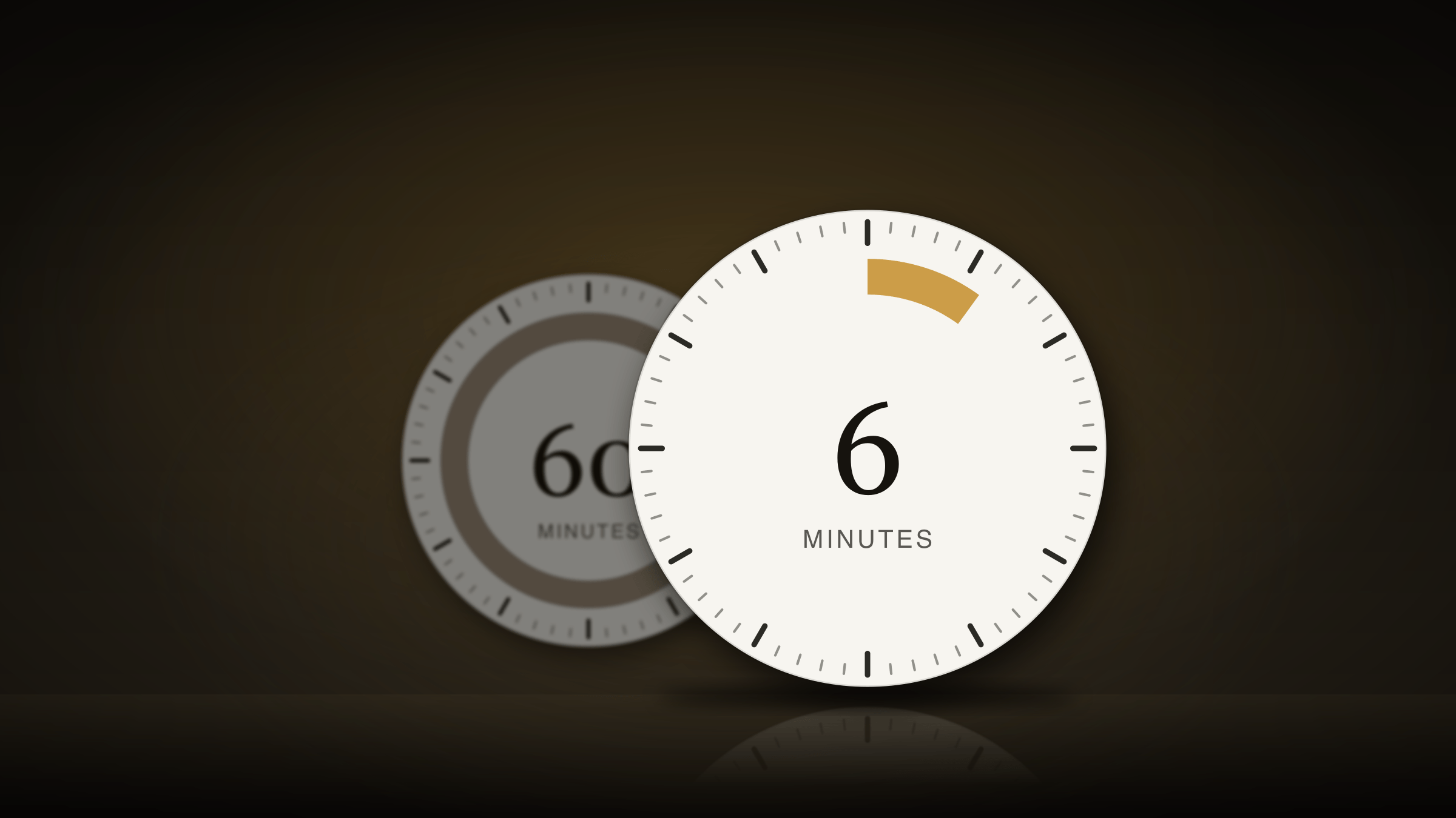 Two clock faces on a warm dark floor. In front, a crisp white clock reads “6 minutes”, with a short ochre arc from twelve o’clock marking six minutes. Behind it, dim and out of focus, a clock reads “60 minutes”, its ring filled all the way round.