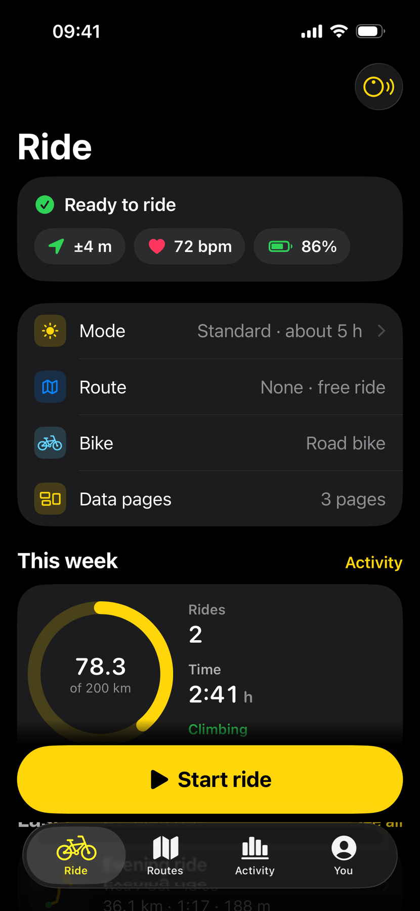 The Ride tab when ready: Ready to ride with chips for GPS at plus or minus 4 m, 72 bpm and 86% battery, then route, bike and data pages, this week’s ring at 78.3 of 200 km, and a yellow Start ride button.