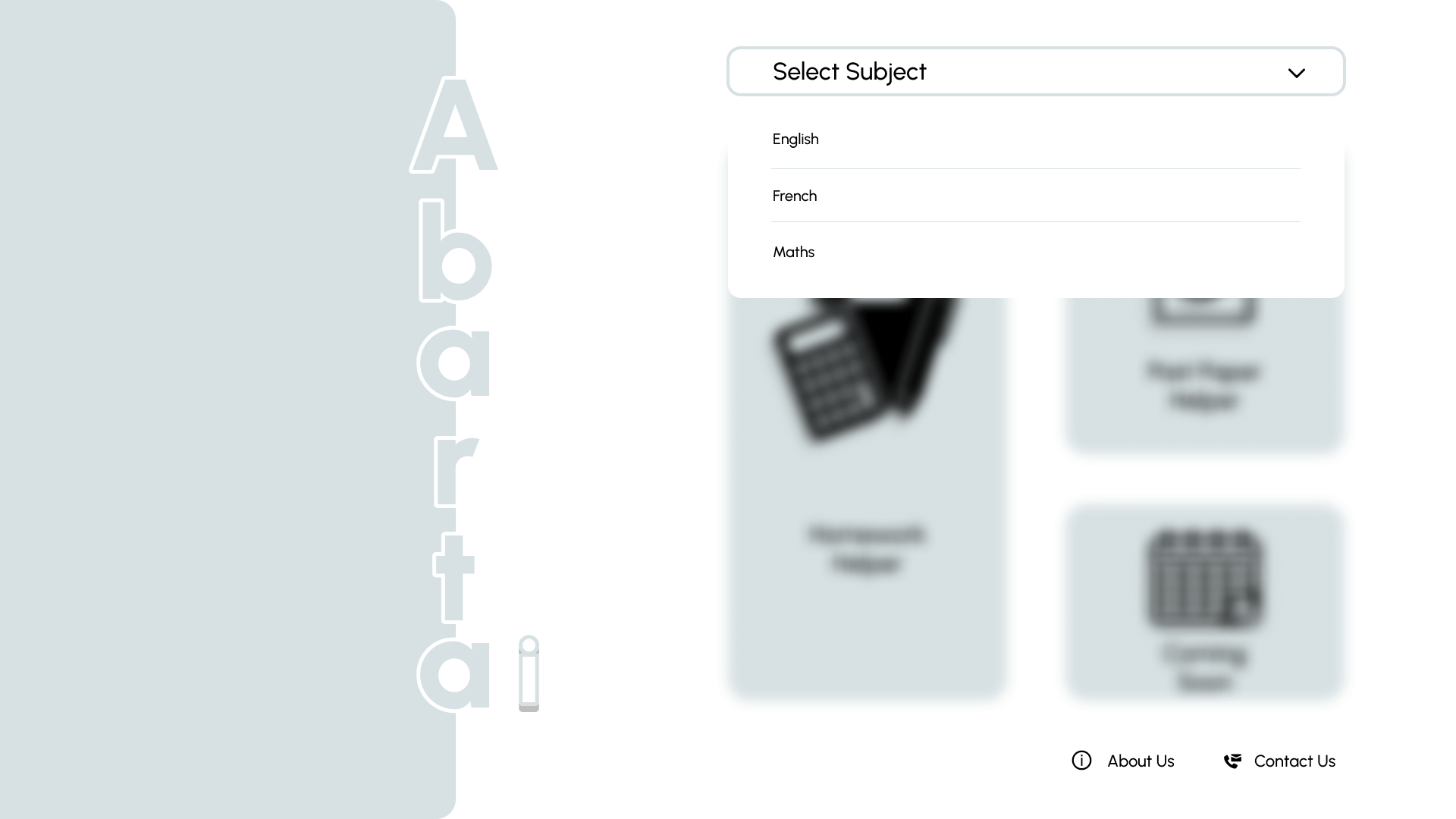 The final home page: the Abarta logo runs down the left, and a Select Subject menu (English, French, Maths) sits over the helpers, which stay blurred until a subject is chosen.