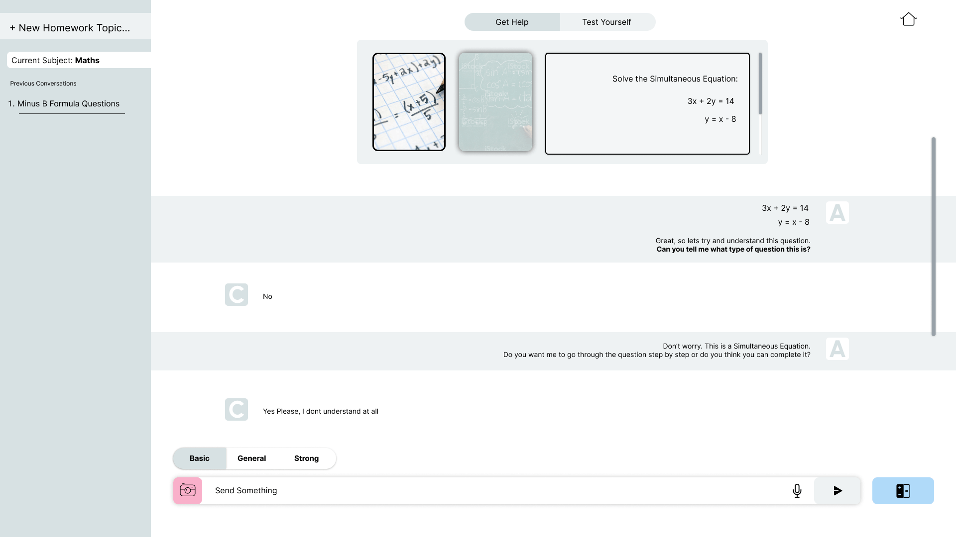 A tutoring chat about a scanned simultaneous equation (3x + 2y = 14, y = x − 8). The tutor asks what type of question it is; the student says no; the tutor explains it’s a simultaneous equation and asks whether to go step by step; the student says yes, they don’t understand it at all.