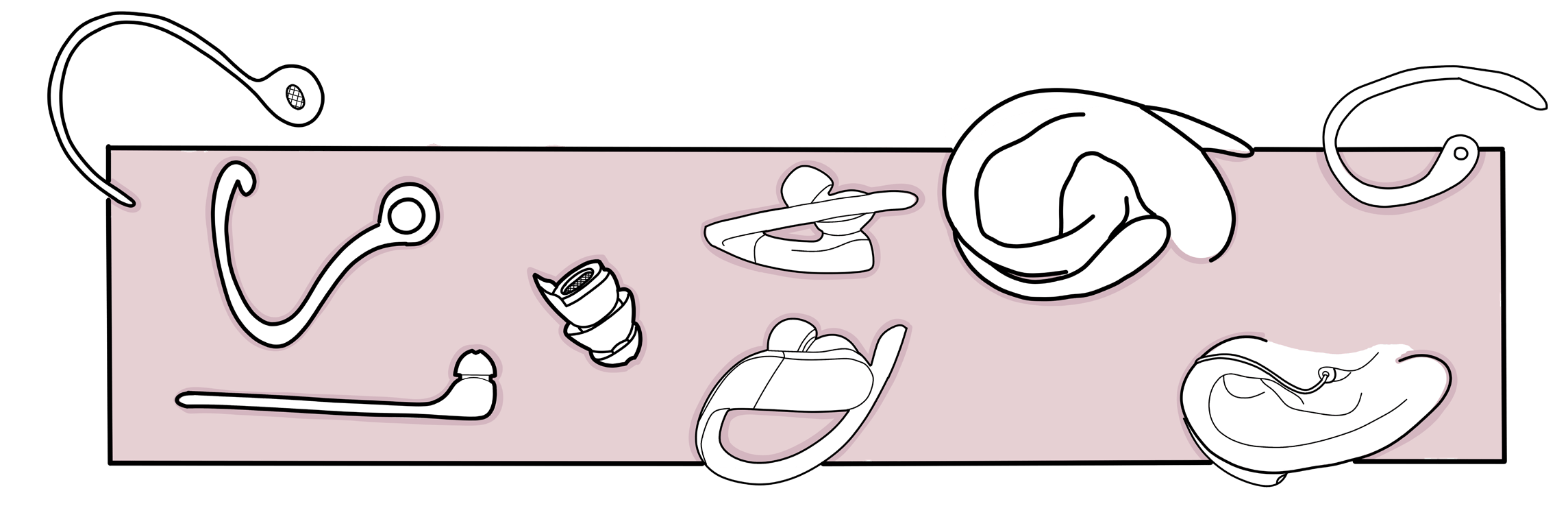 Sketches of ear hooks, a hearing aid and sports-earphone-style designs.