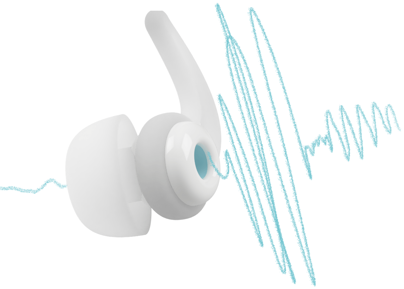 Render of the earbud with a sound wave drawn passing through it: large and jagged on one side, small and smooth after the filter.