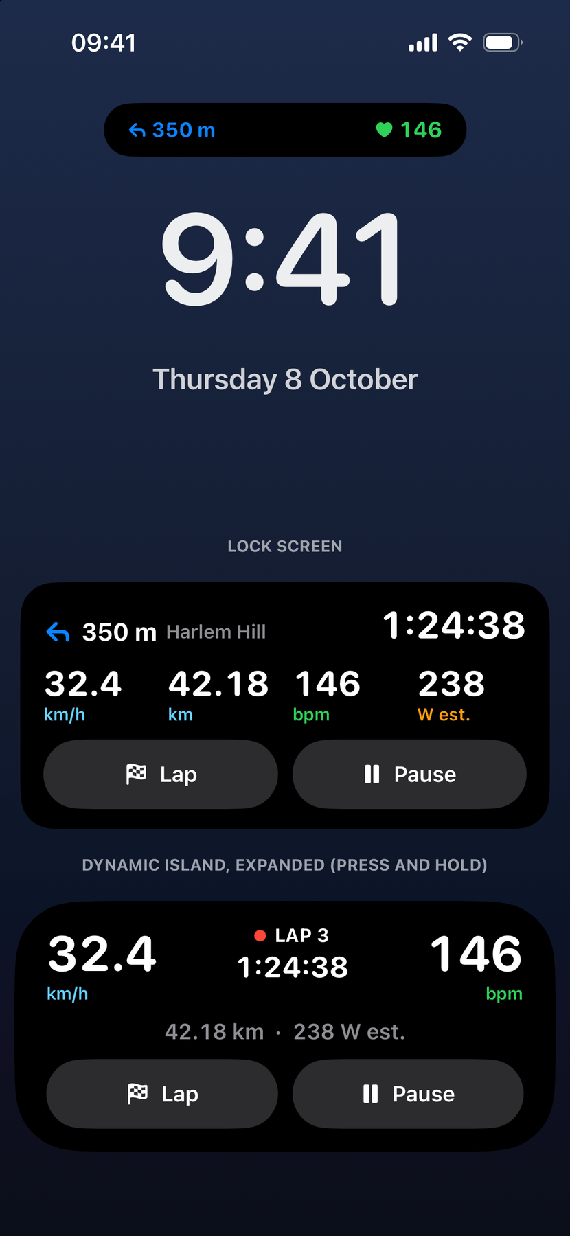 The Lock Screen with BikeComp’s Live Activity: a left turn in 350 m onto Harlem Hill, ride time 1:24:38, speed, distance, heart rate and power, with Lap and Pause buttons, and the expanded Dynamic Island below.