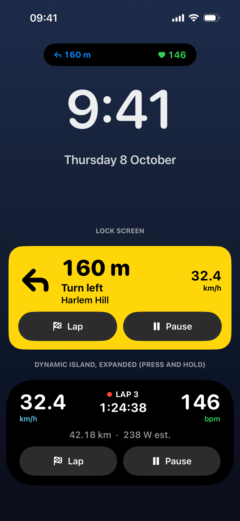 The Lock Screen with BikeComp's ride in bright yellow: a large left-turn arrow, 160 m, Turn left, Harlem Hill and the speed, with Lap and Pause buttons.
