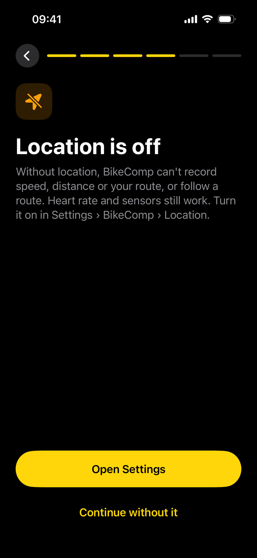 Location is off: what BikeComp can’t do without it, with Open Settings and Continue without it.