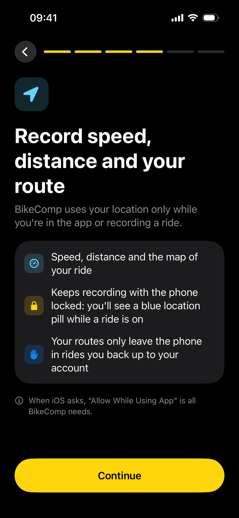 The location step: Record speed, distance and your route, with three reasons and a tip that Allow While Using App is all BikeComp needs, and a Continue button.