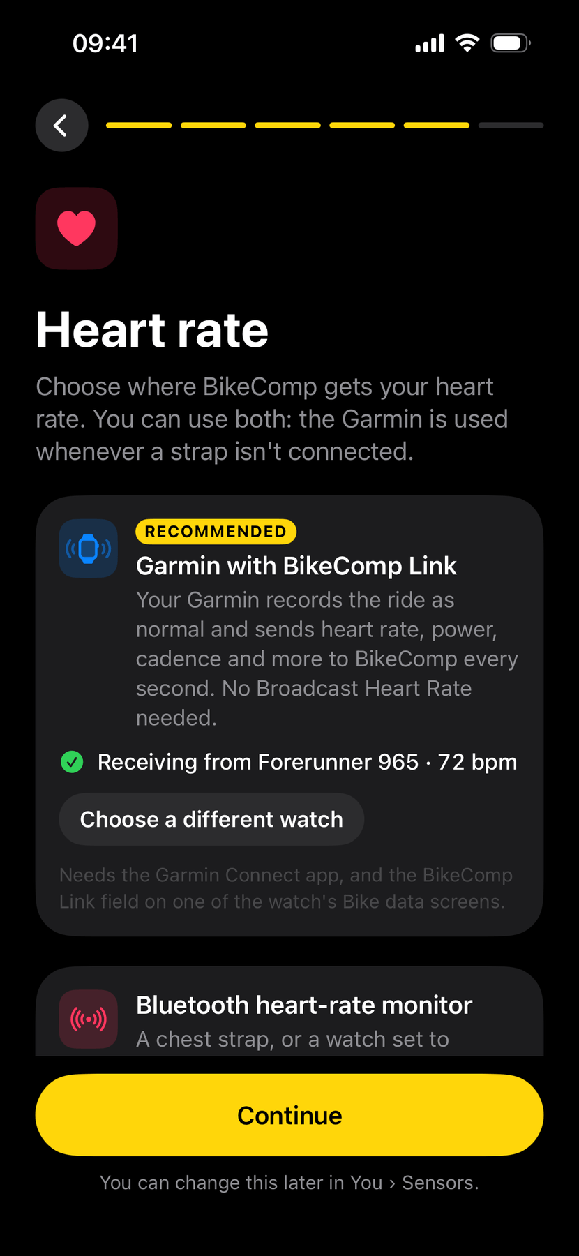 The heart-rate step: Garmin with BikeComp Link, marked recommended and receiving from a Forerunner 965 at 72 bpm, above a Bluetooth heart-rate monitor option.