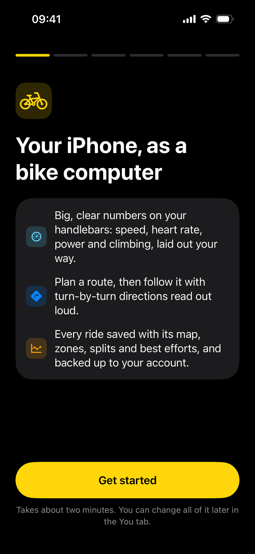 Step 1 of 6: Your iPhone, as a bike computer, with three lines on big numbers, routes with spoken directions, and every ride saved and backed up, and a Get started button.