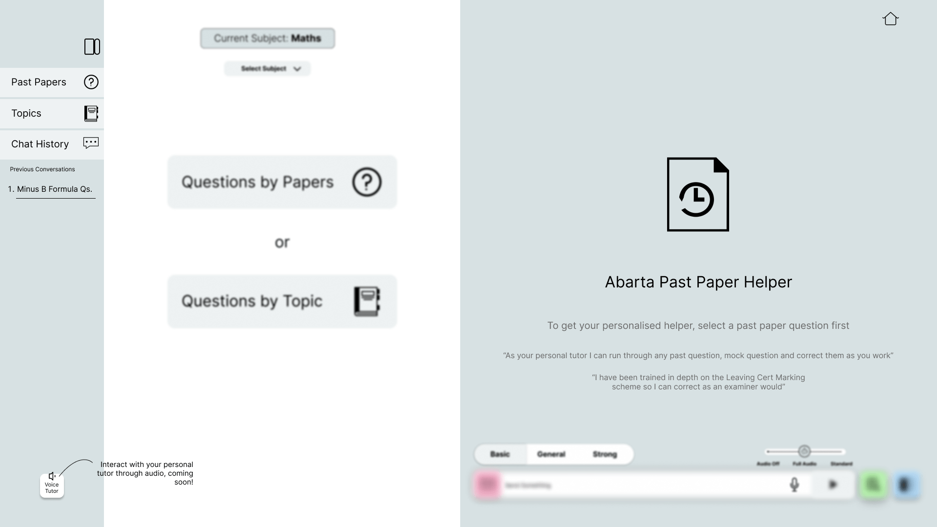 The Past Paper Helper’s start page: a sidebar of past papers, topics and chat history; a choice of Questions by Papers or Questions by Topic; and the tutor’s panel, which explains it can run through any past question and correct answers as an examiner would. A note points to a voice tutor, coming soon.