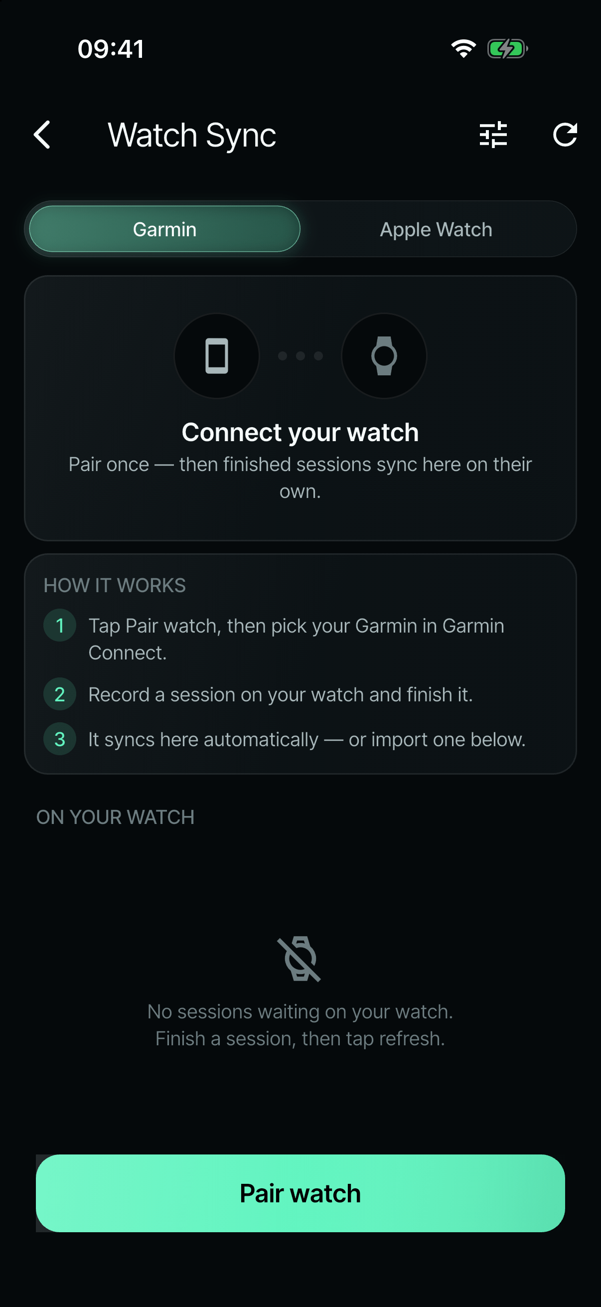 The app’s Watch Sync screen: Connect your watch, pair once and finished sessions sync on their own, with a Pair watch button.