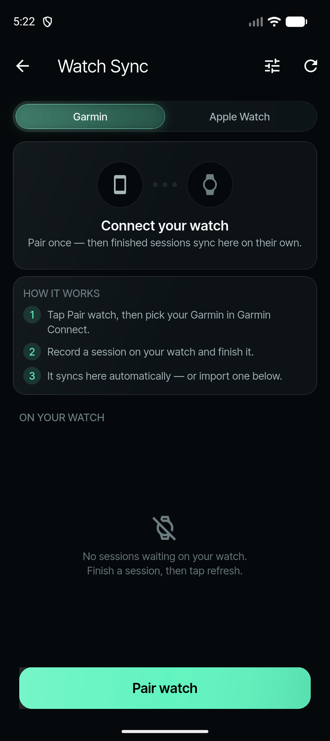 The phone’s Watch Sync screen before pairing: Connect your watch, pair once and finished sessions sync on their own, with three steps and a Pair watch button.