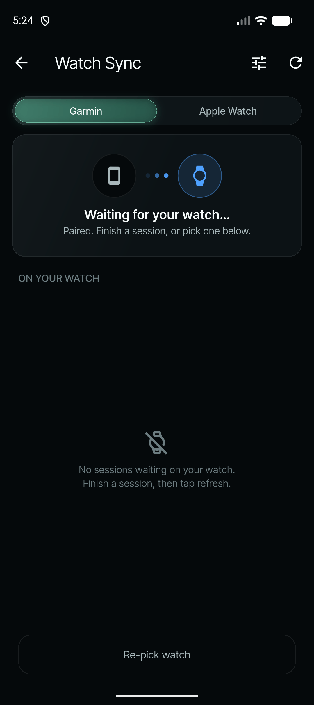 Watch Sync after pairing: “Waiting for your watch… Paired. Finish a session, or pick one below.”