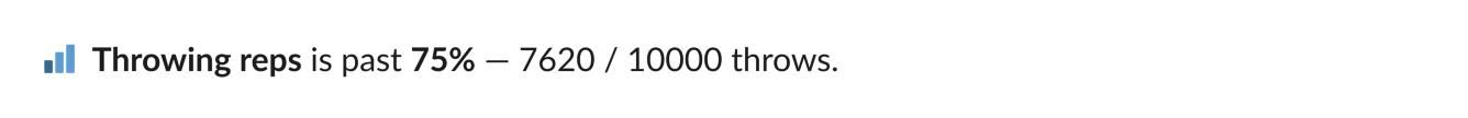 A milestone post with the bot’s chart emoji: “Throwing reps is past 75% — 7620 / 10000 throws.”