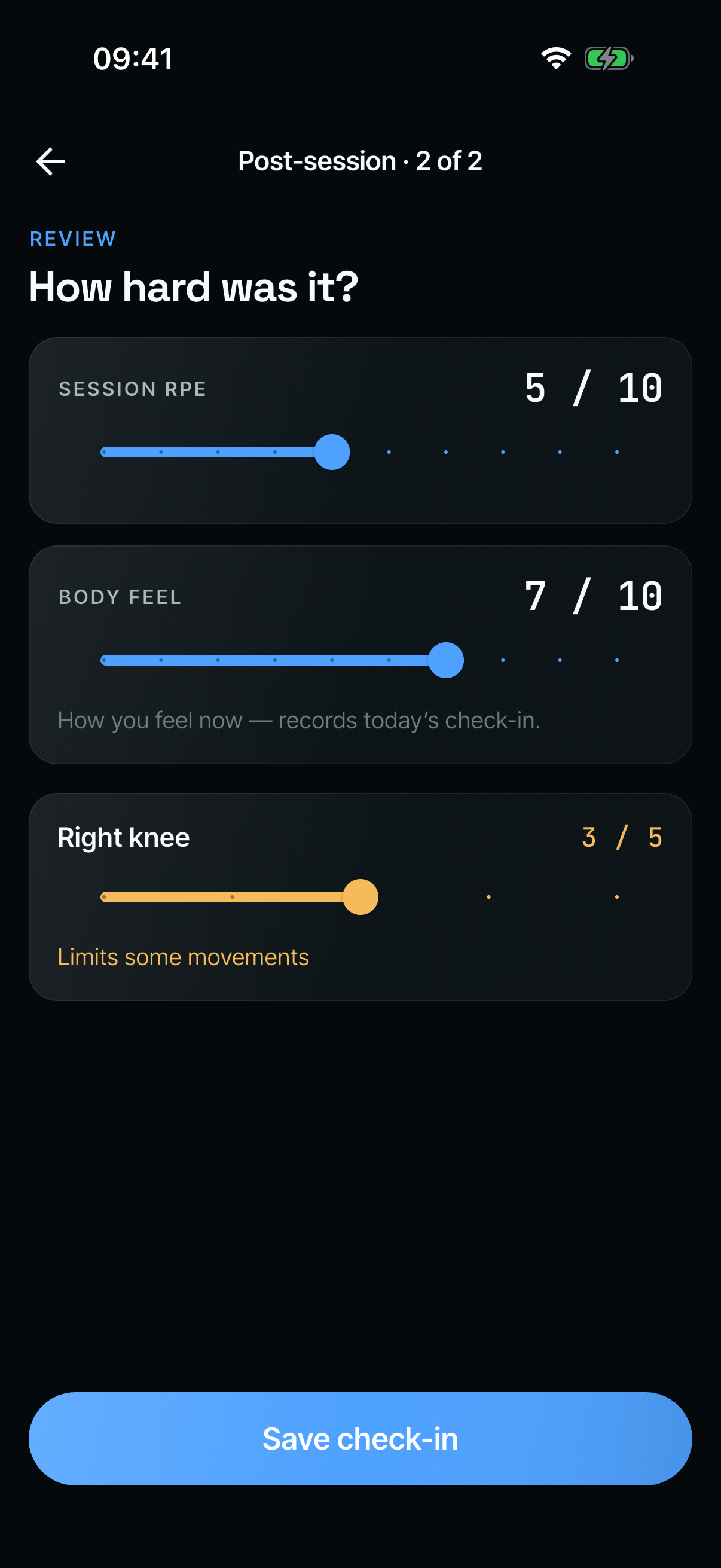After a session: ‘How hard was it?’, with session effort 5 out of 10, body feel 7 out of 10 and the knee at 3 out of 5.