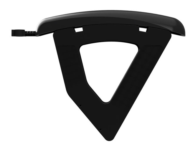 Side-on render of the black rack: a curved top over a triangular frame with a triangular cut-out.