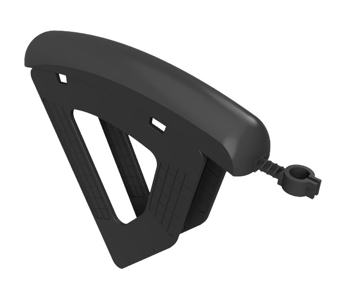 Three-quarter view render of the black rack, with the seat-post clamp at the front.