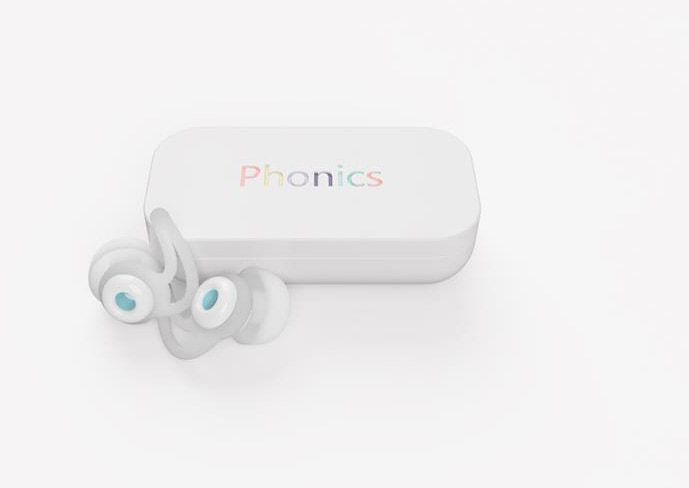 Render of the white Phonics case, with “Phonics” in rainbow letters, and two white earbuds with clear hooks in front of it.