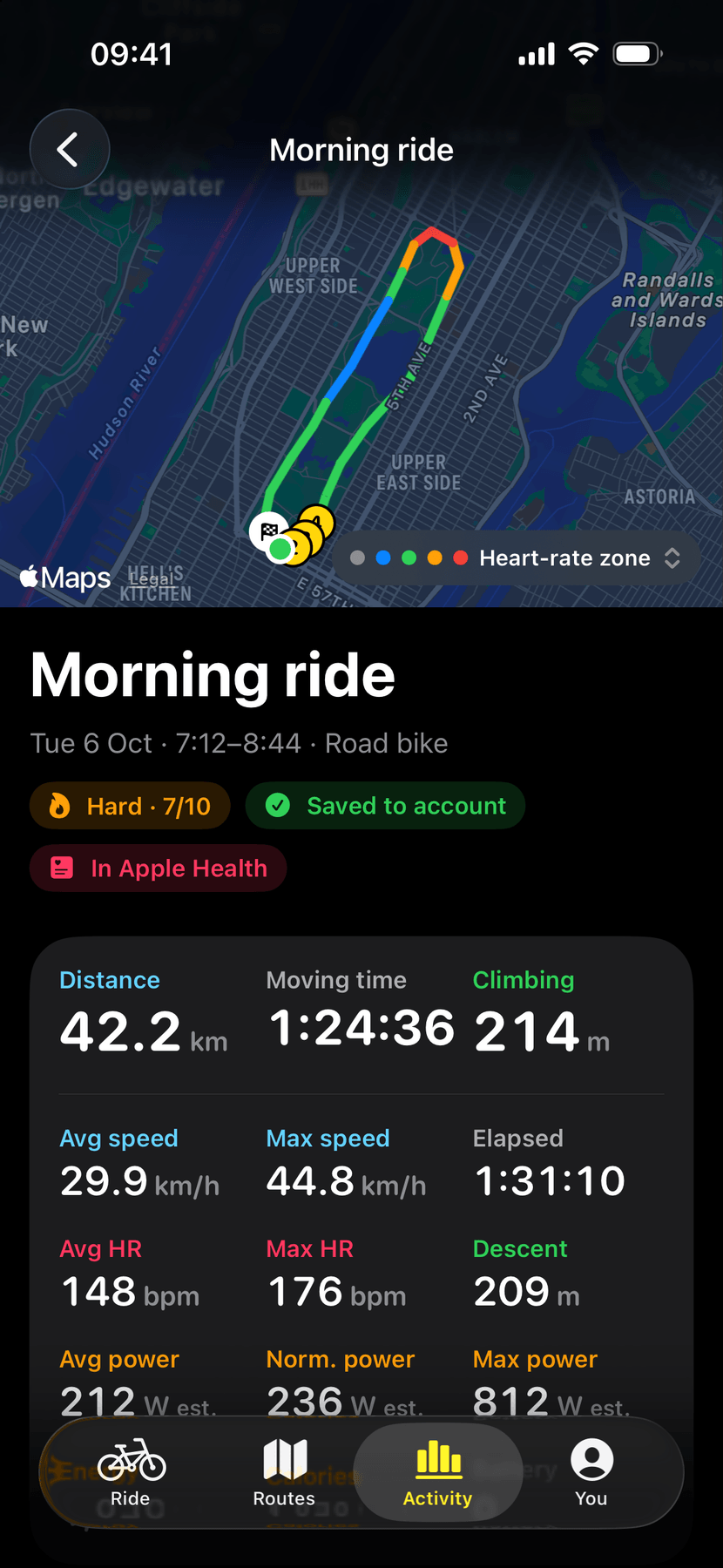 Ride detail for Morning ride: a map with the route coloured by heart-rate zone, chips for Hard 7 out of 10, Saved to account and Apple Health, then distance, moving time, climbing, speeds, heart rate and power marked est.