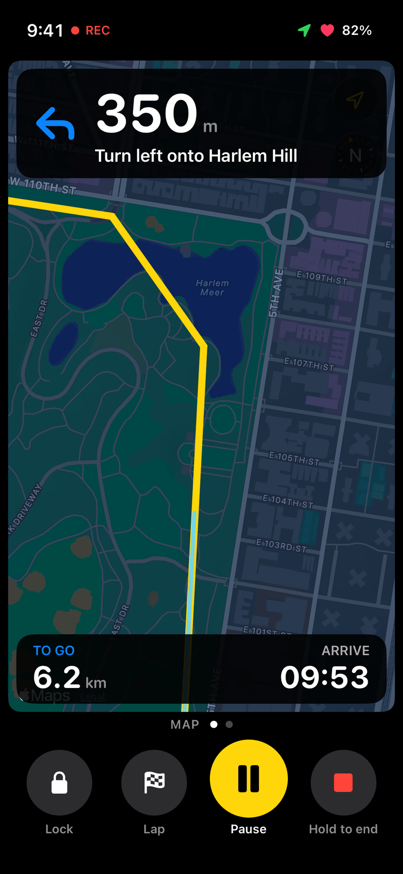 The Map page: the route in yellow over a dark map of Central Park, with the next turn at the top and 6.2 km to go, arriving 9:53, at the bottom.