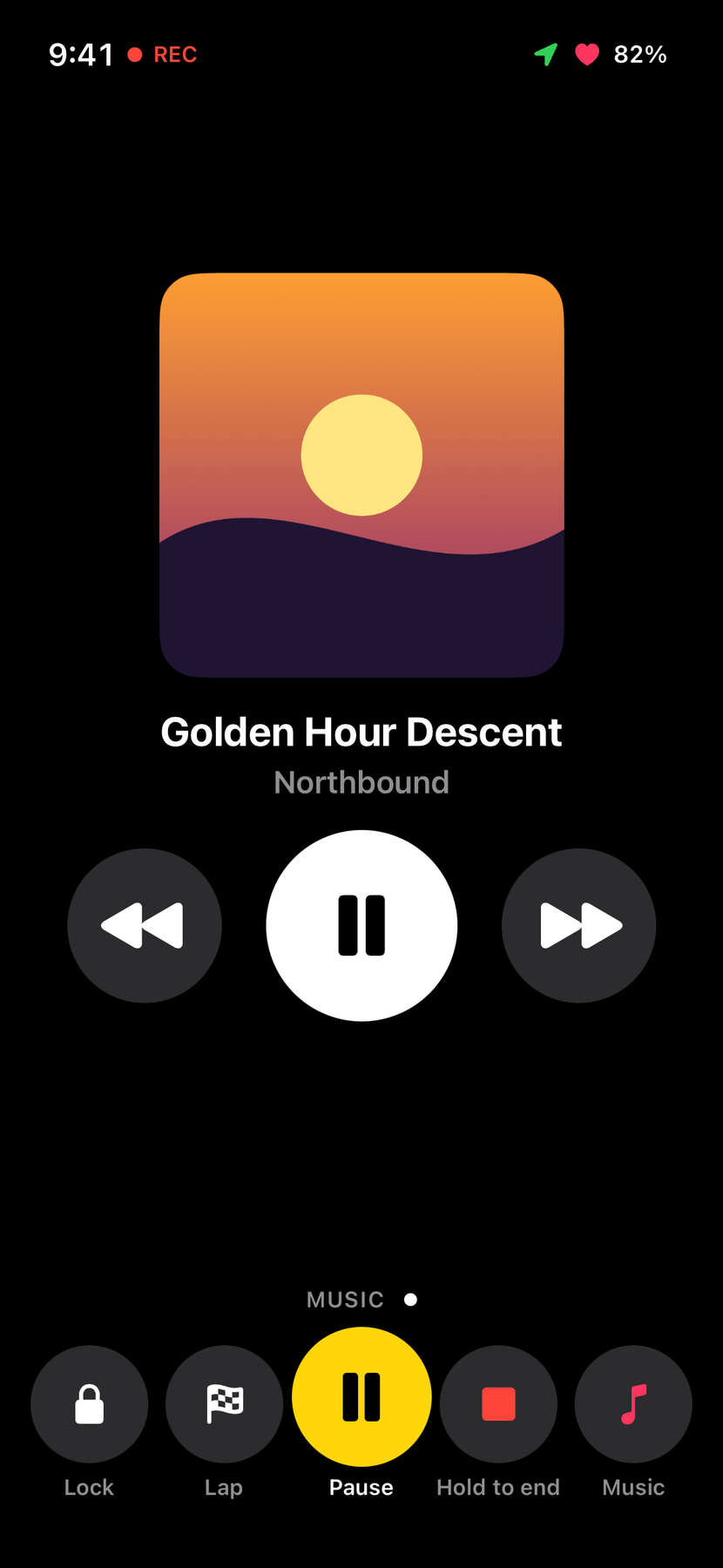 The Music page: album art, the track Golden Hour Descent by Northbound, and large Previous, Pause and Next buttons above the ride buttons.