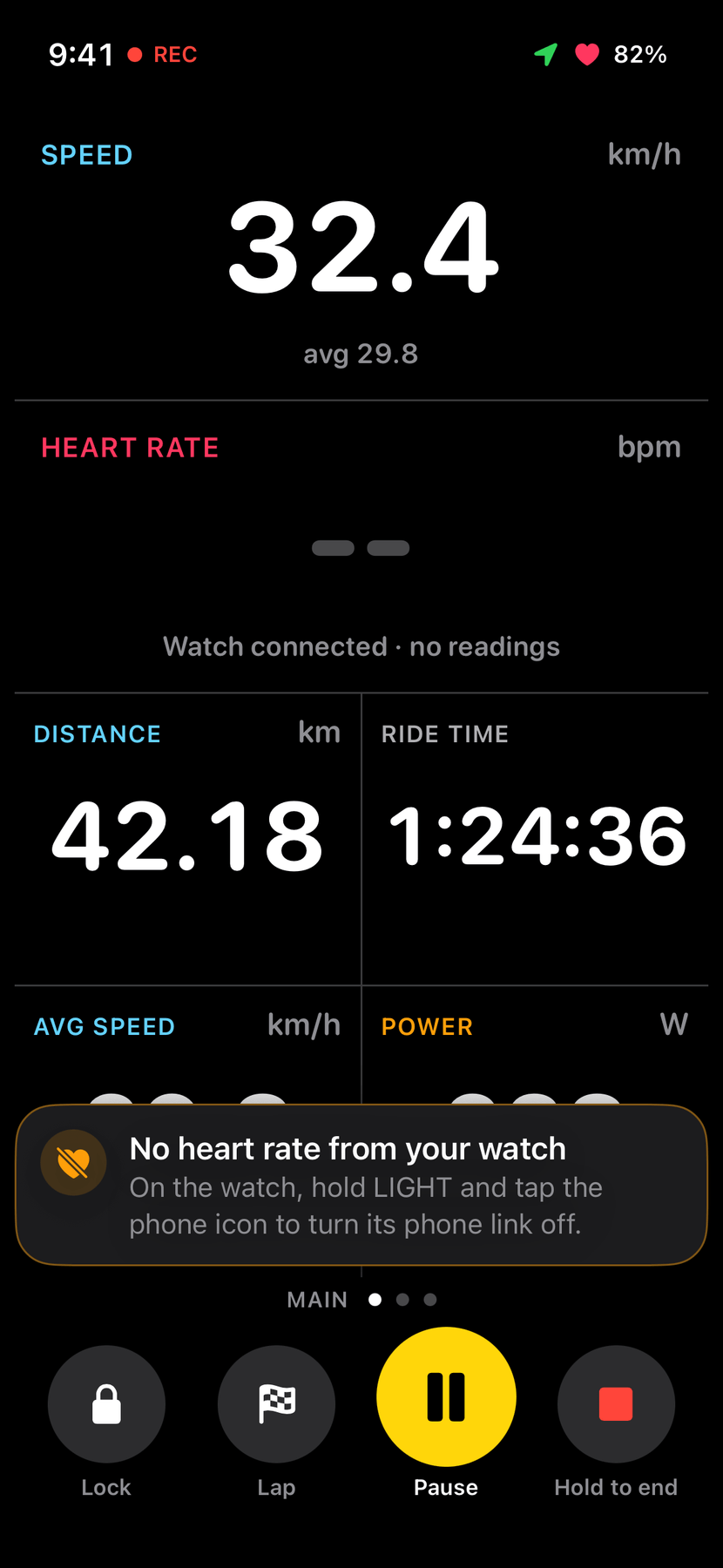 Heart rate showing two dashes with Watch connected, no readings, and an amber banner: No heart rate from your watch, with the steps to turn the watch’s phone link off.