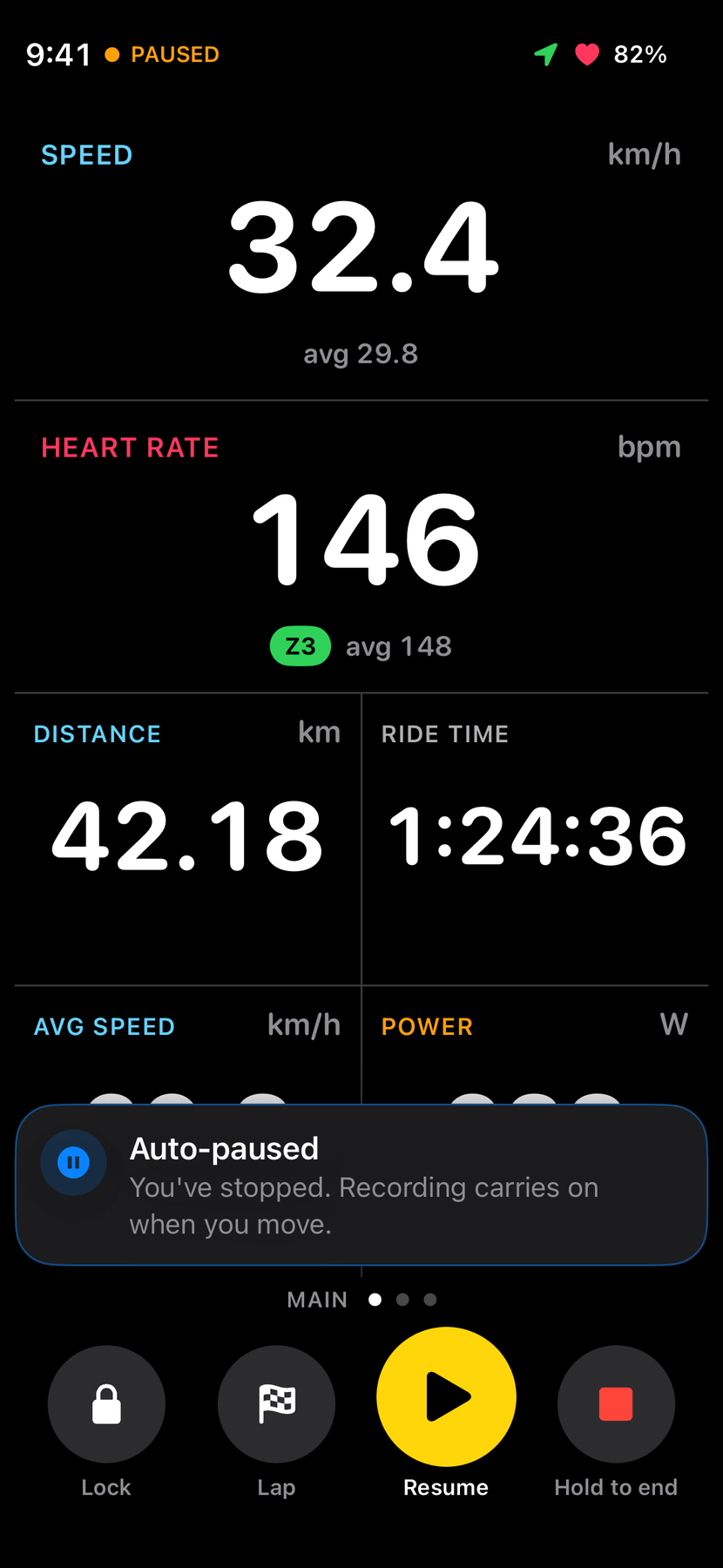 The ride auto-paused: PAUSED in yellow at the top, a blue banner reading Auto-paused, you’ve stopped, recording carries on when you move, and the Pause button turned into Resume.