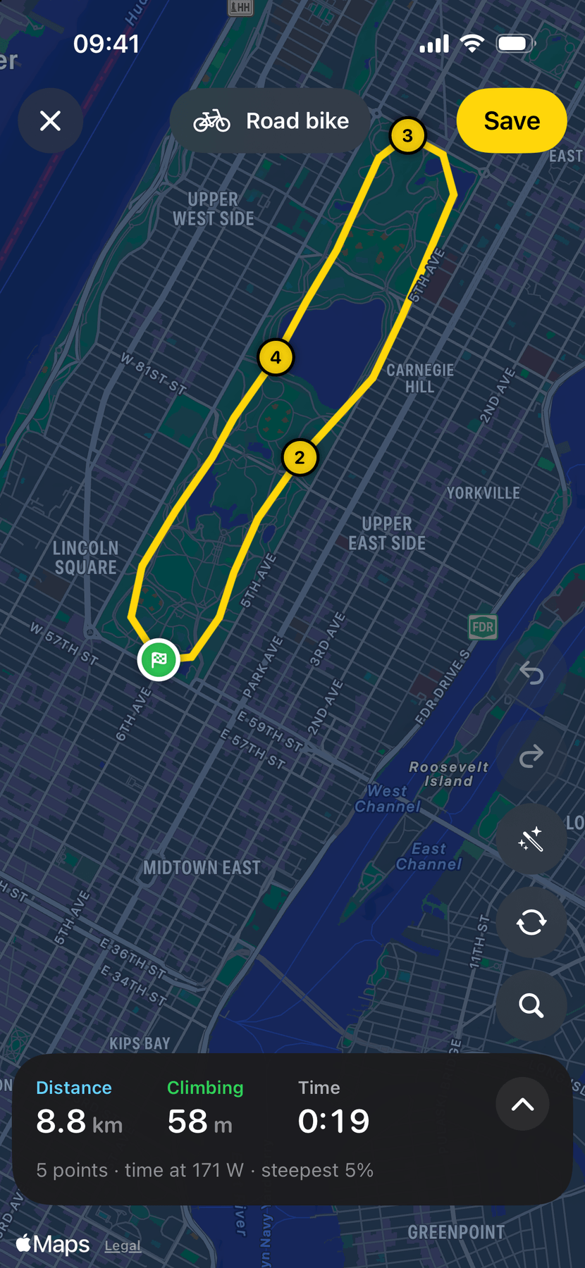 The route planner: a yellow route around Central Park with numbered points, Road bike and Save at the top, and distance 8.8 km, climbing 58 m and time 0:19 at the bottom.